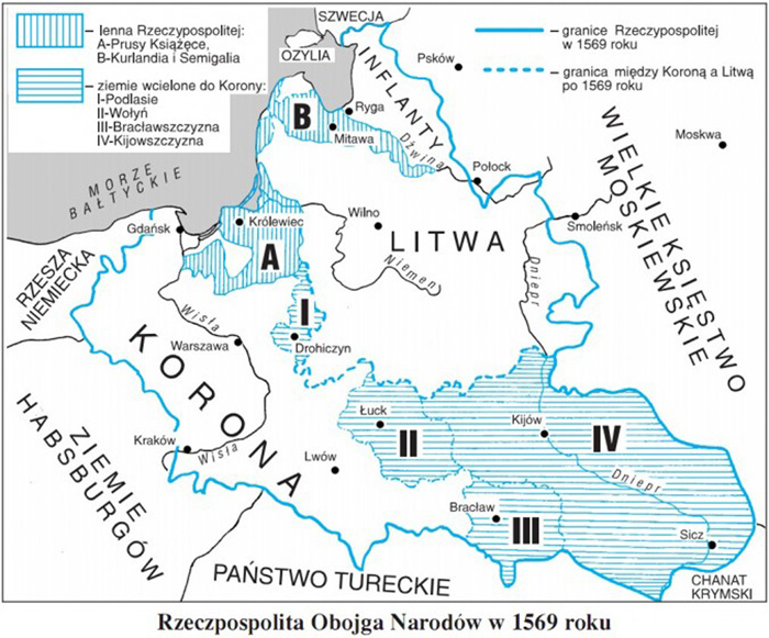 Obszar Królestwa Polskiego i Litwy wynosił ponad 800 tys. km2 i było to największe mocarstwo w Europie Wschodniej. W 1618 osiągnęło maksymalny zasięg terytorialny wynoszący 990 tys. km.. Liczba ludności wynosiła od 6,5 mln w 1569 do 14 mln w 1772. Panującym ustrojem była demokracja szlachecka, a głową państwa król elekcyjny.