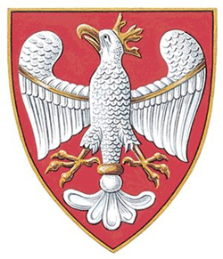 Herb Przemysła II . Biały orzeł w otwartej koronie na czerwonym tle