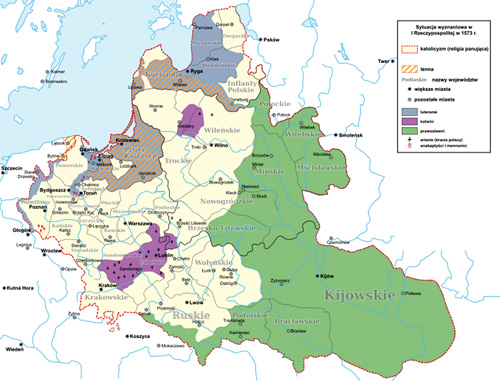 Sytuacja wyznaniowa w I Rzeczypospolitej w 1573 roku. Na zielono zaznaczone zostały obszary, zdominowane przez wyznawców prawosławia