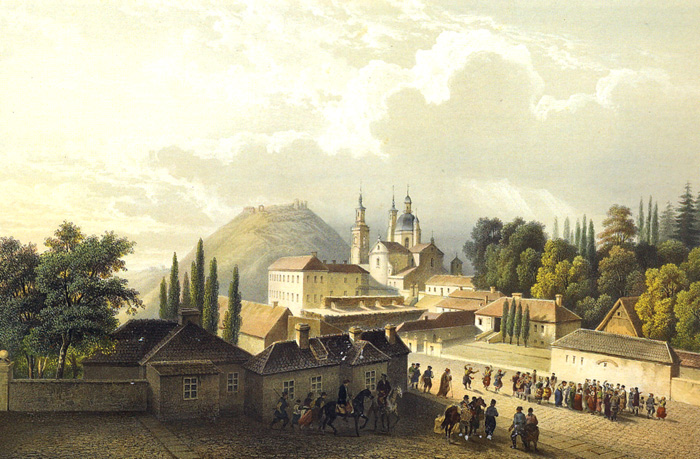 Widok liceum i ruin zamku w Krzemieńcu. Litografia (Louis Pierre A. Bichebois ok. 1826 r.)