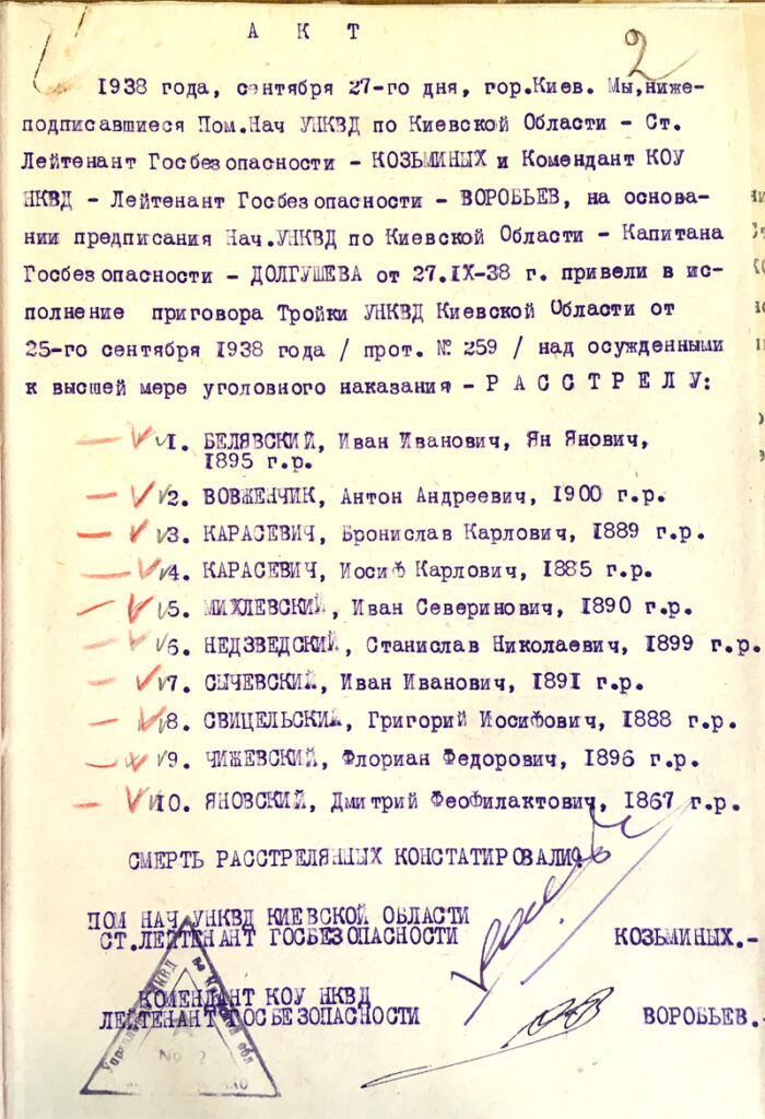 Przykład jednego z setek aktów z dnia 27 września 1938 roku o rozstrzelaniu i stwierdzeniu zgonu ofiar skazanych postanowieniem Specjalnej Trójki z dnia 25 września 1938 roku (protokół nr 259). Źródło: GDA SBU.