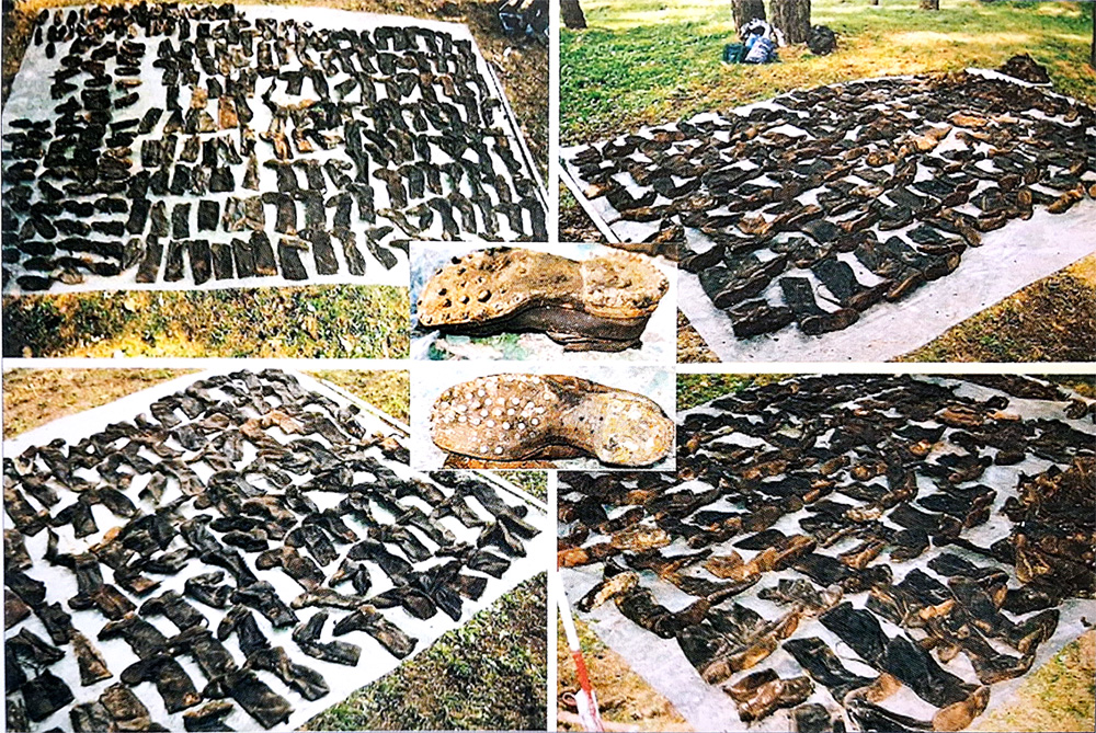 Polskie wojskowe buty znalezione w lesie Bykownia podczas badań archeologiczno-ekshumacyjnych w 2001 r. Fotokolaz R. Kazmerczaka. Z książki: „Archeologia totalitaryzmu. Ślady represji 1939–1956”. Łódź, 2015.